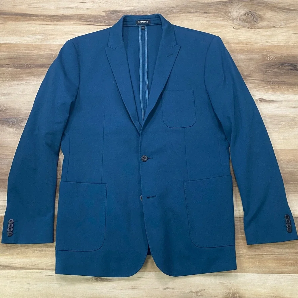 Express Suit 42L 34W Slim Fit 2-Piece Cotton Blend Stretch Teal Blue Modern